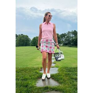 GOLFTINI Mrs. Brightside Pink Green Medallion Print Preppy Scalloped Golf Skort